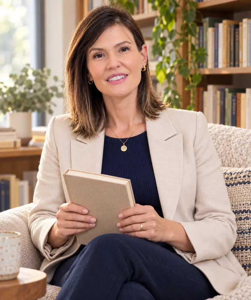 Retrato da psicanalista Ellen Andreuccetti sentada com um livro